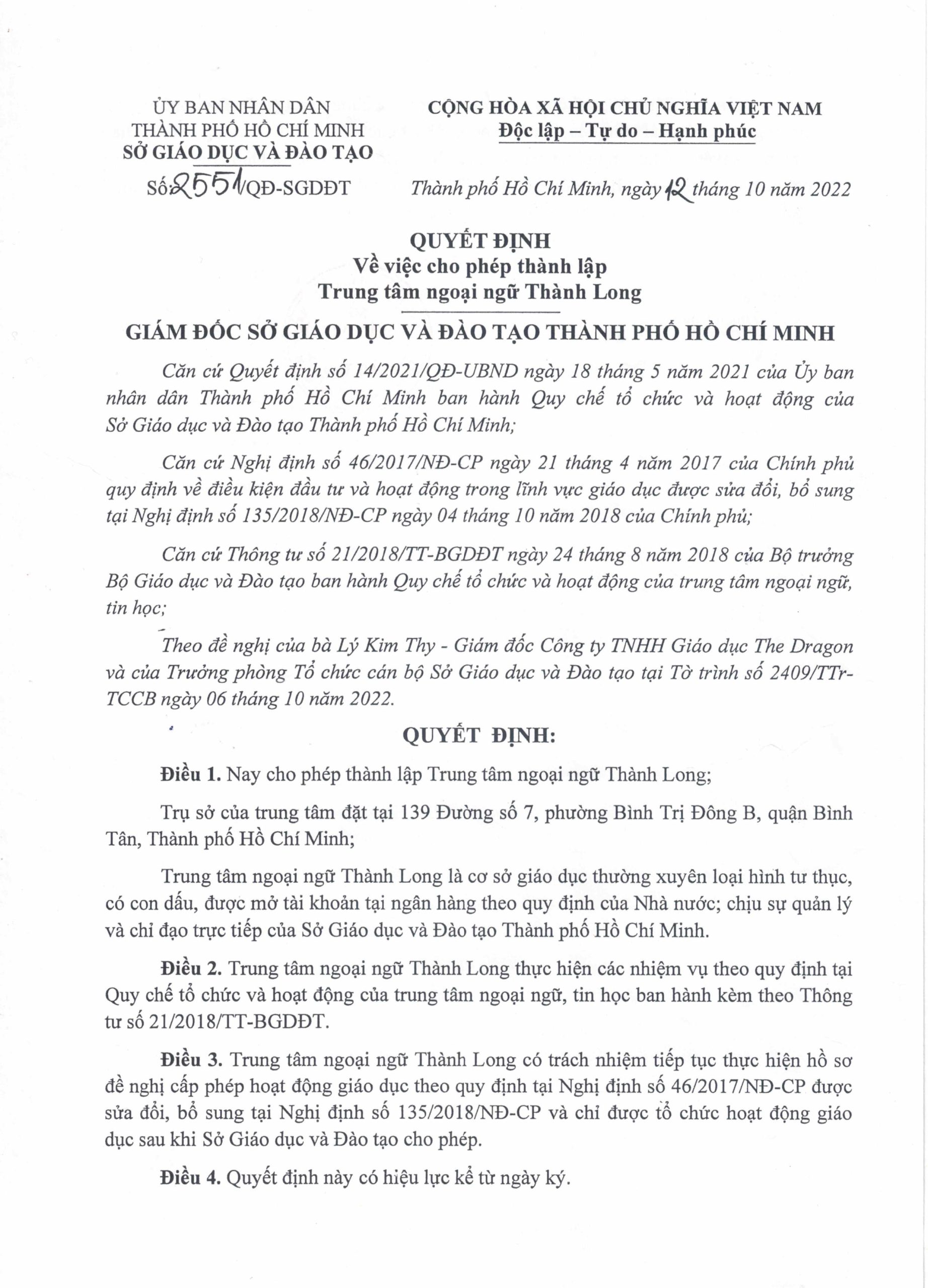 Giấy Phép Thành Lập Trung Tâm